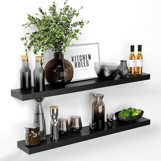 Homeforia Floating Black Shelf 42 inch, High End Solid Real Wood 42 inches Long Floating Shelves for Wall, Black Wooden 42inch Large Floating Shelves, Heavy Duty Bracket, 42 X 6.5 X 1.75 in, Set of 2