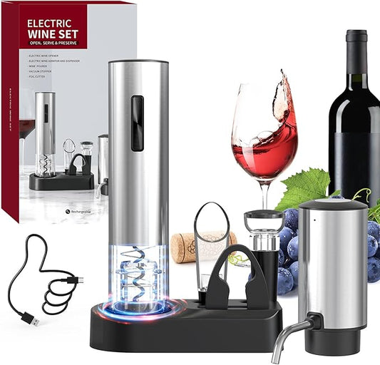 CIRCLE JOY 6-in-1 Electric Wine Opener Set Rechargeable Stainless Steel Wine Opener Gift Set with Foil Cutter, Rechargeable & Manual Wine Aerator Pourers, Vacuum Wine Stopper and Storage Base, Silver