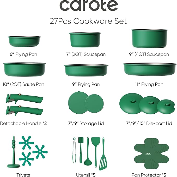 CAROTE 27pcs Pots and Pans Set Non Stick, Gift Set Nonstick Cookware Die-cast Aluminum Detachable Handle, Dishwasher/Oven Safe, Induction Cooking Pot and Pan Sets, Green, RV Kitchen Cookwares