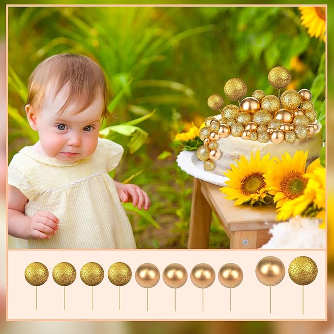 108 Pcs Balls Cake Topper DIY Cupcake Insert Foam Balloons for Cake Baking Wedding Anniversary Birthday Decoration(Glitter Gold, Gold,Multi Sizes)