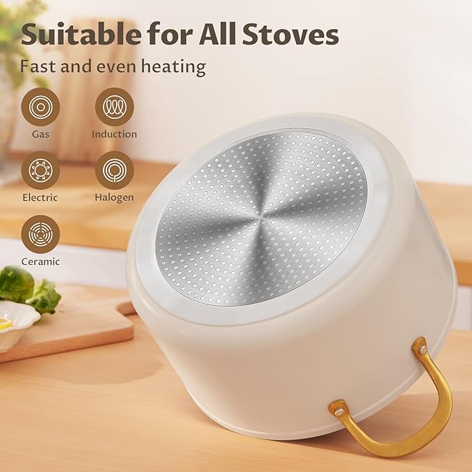 BEZIA 8 Quart Ceramic Stock Pot, Non Toxic Soup Pots with Lid, Non Stick Pot with Stainless Steel Handle, Compatible With Most Cooktops, Even Heat Distribution, Perfect for Soups & Stews, Cream