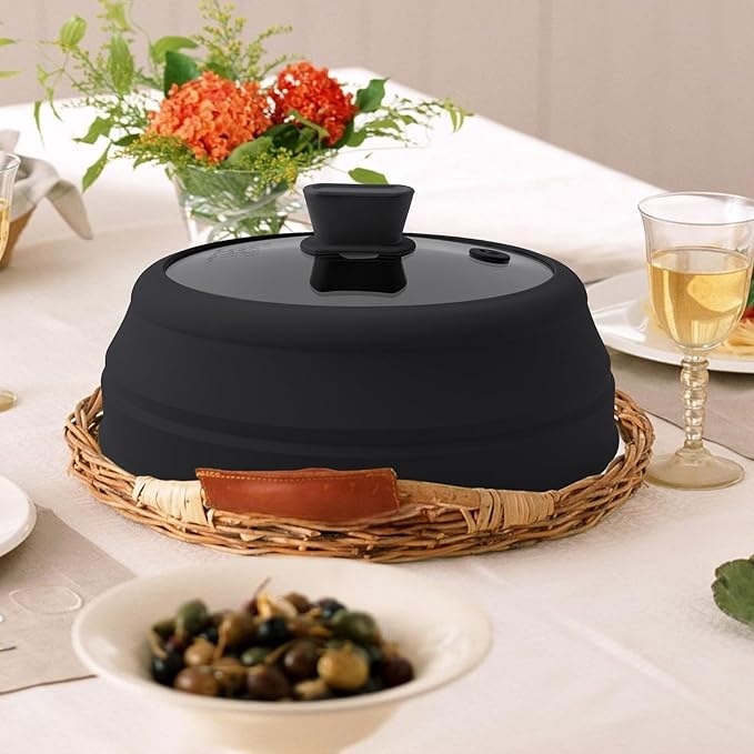 Microwave Splatter Cover Glass Microwave Cover for Food Collapsible Splatter Guard Lid with Silicone Handle for Pot Plate Bowl 9 Inch Black