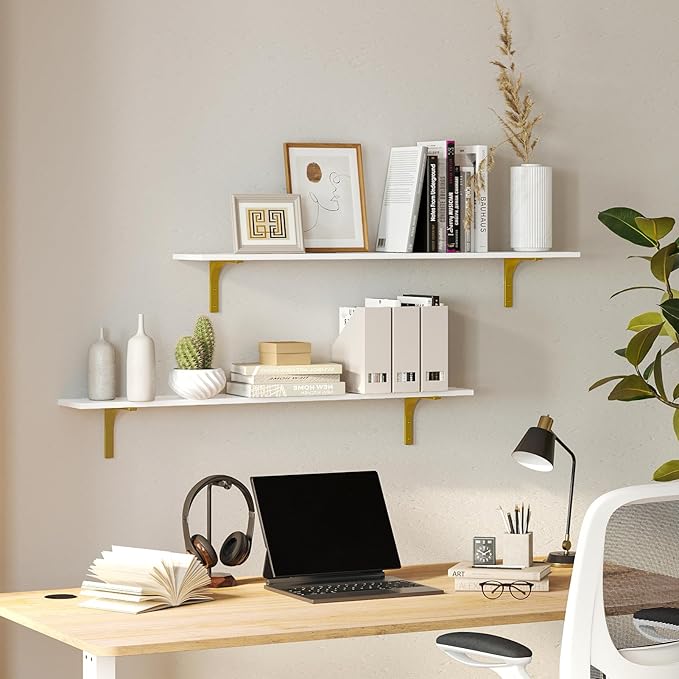 DINZI LVJ Long Wall Shelves, 47.3" Wall Mounted Shelves Set of 4, Large Floating Shelves for Wall with Metal Brackets, for Living Room, Bathroom, Bedroom, Kitchen, White and Gold