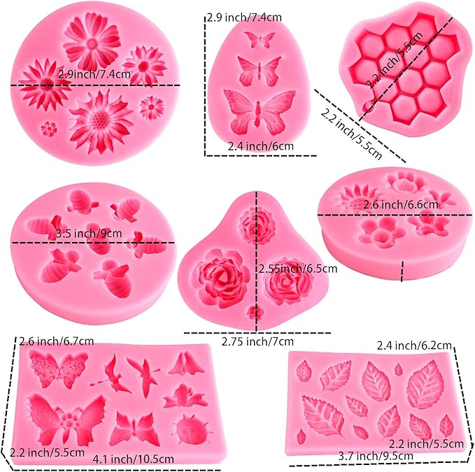 Silicone Mold Flower 8pcs Chocolate Fondant Polymer Clay Candy Gummy Mold,Rose Leaf Butterfly Bee Honey Shaped Silicone Molds for DIY Cake Cupcake Decor Craft