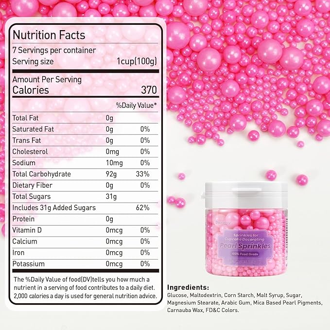 Dazzjoy Edible Hot Pink Pearl Sprinkles, Edible Sugar Candy, 130g/4.58oz, Pink Ball Pearls for Cake Decorating, Cupcake Toppers