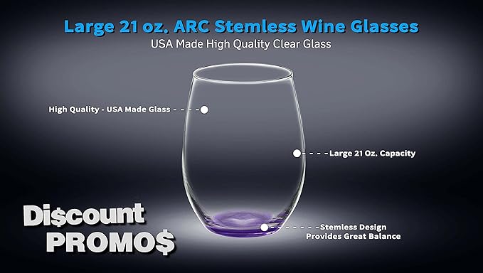 DISCOUNT PROMOS 10 ARC Stemless Wine Glasses Set, 21 oz. - Chardonnay, Cabernet, Merlot, Sauvignon - Purple