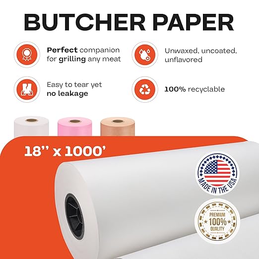 White Butcher Paper 18" x 12000" (1000 feet) - USA-Made Natural Butcher Paper Roll for Meat and Fish - Uncoated, Unwaxed & Food-Grade Material for Smoker, Grilling & BBQ by IDL Packaging