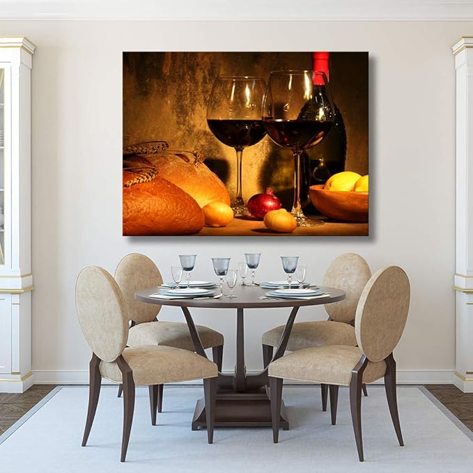 Looife Kitchen Still Life Canvas Wall Art, 18x12 Inch Gallery Wrapped Wine Cup with Bread Picture Prints Wall Decor, Food Art Deco for Dining Room and Bar