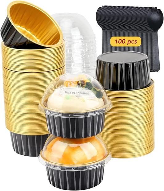 LNYZQUS 5oz Mini Cake Baking Pans with Lids 100 Pack, Disposable Mini Aluminum Cupcake Pan Muffin Cups, Small Cake Baking Cups Muffin Tin Cupcake Liners Containers for Custard Creme Brulee-Black