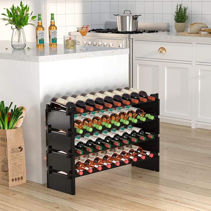 Domax Wine Rack Freestanding Floor - 36 Bottle Wooden Stackable Wine Storage Holder for Cabinet, Bar, Pantry and Cellar 33.5 inch Wide(Black)