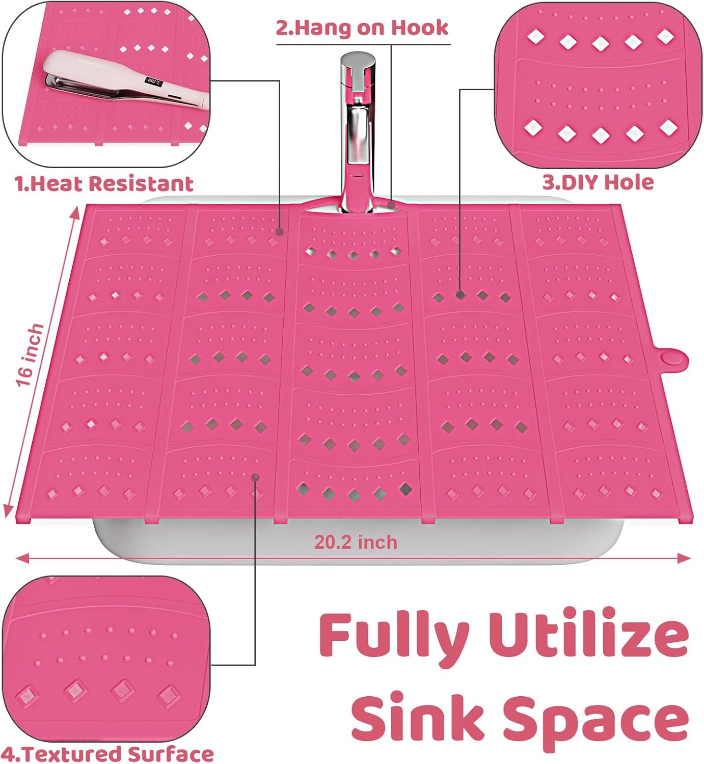 Bathroom Sink Cover for Counter Space, Sink Mat Foldable Sink Cover, Silicone Makeup Organizer Mat Space Saver, Small Bathroom & Rv Camper Travel Must Haves Accessories, Pink