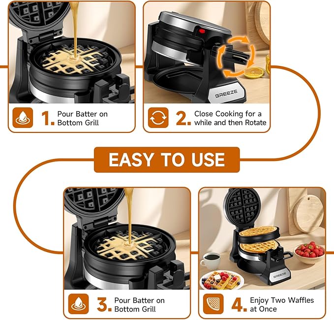 Waffle Maker, Double Belgian Waffle Maker 180°Flip, 1400W Waffle Iron 8 Slices, Rotating & Nonstick Plates with Removable Drip Tray for Easy Clean, Stainless Steel, Locking Buckle & Cool Touch Handle
