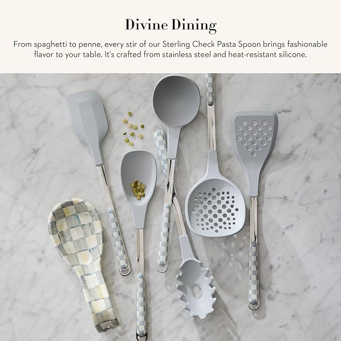 MACKENZIE-CHILDS Kitchen Pasta Spoon, Silicone Spaghetti Spoon, Gray-and-White Sterling Check