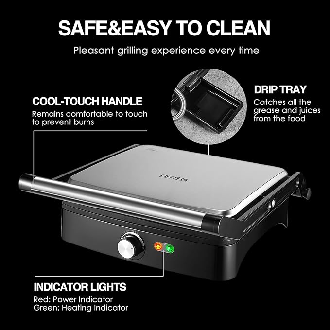 OSTBA Panini Press Grill with Adjustable Temperature,4-Slice Indoor Grill, 180° Open Sandwich Maker with Drip Tray, Non-Stick Plates, Stainless Steel, 1200W