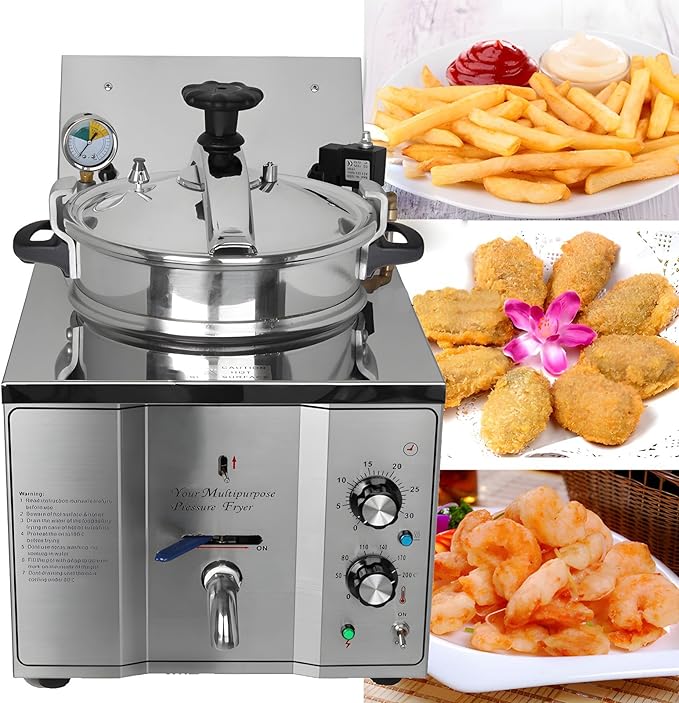 110V 16L Commercial High Pressure Fried Chicken Stove 2.4KW Electric Countertop Pressure Fryer Stainless Steel Kitchen Frying Machine for Snack Bar Restaurant