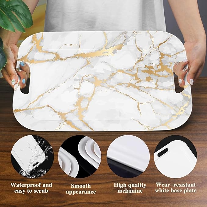 Serving Trays with Handles, 14.5 x 9.8 inch Rectangular Plastic Tray for Restaurant, Kitchen, Golden White Marble