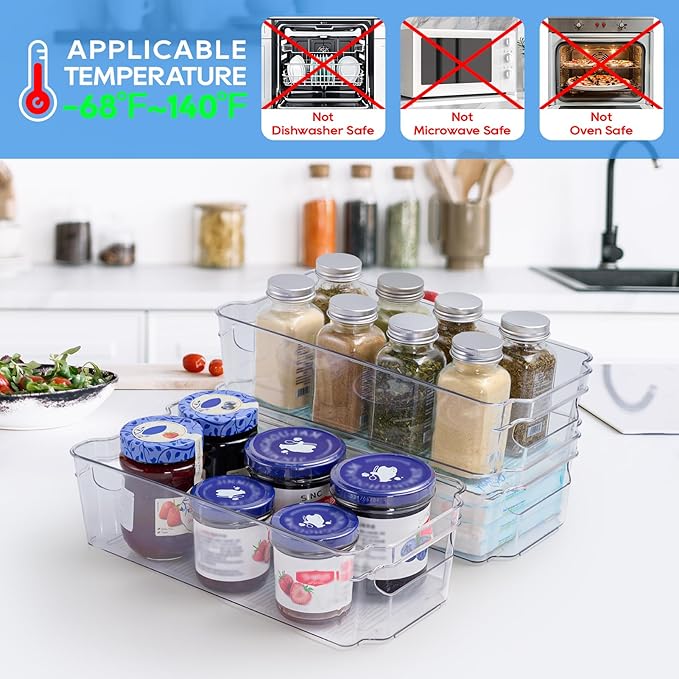JollyPack 8 Pack Clear Plastic Storage Bins, Refrigerator Organizers and Storage with Handles for Fridge, Pantry, Kitchen, Bathroom, Office, and Cabinet Organization