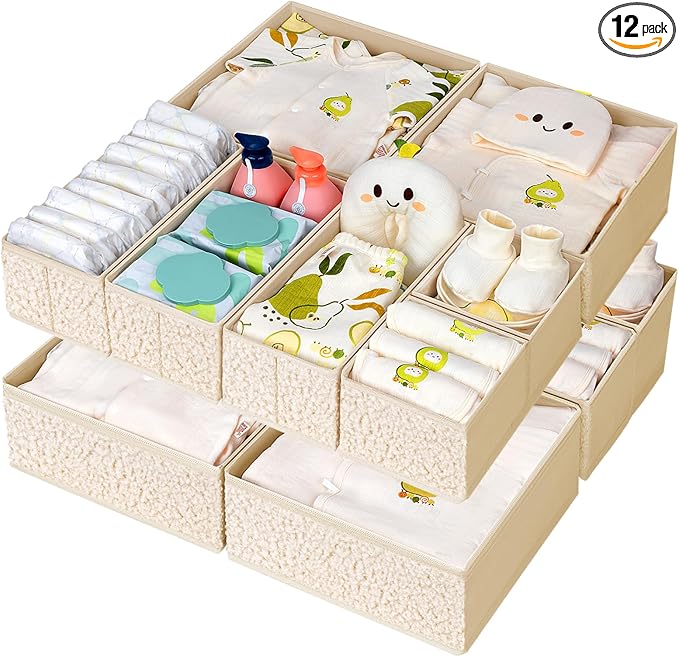 Drawer Organizer Clothes - 12 Pack Dresser Organizer for Nursery, Foldable Sock Underwear Organizer, Baby Drawer Organizer, Small Fabric Storage Bins for Dresser Drawer, Beige