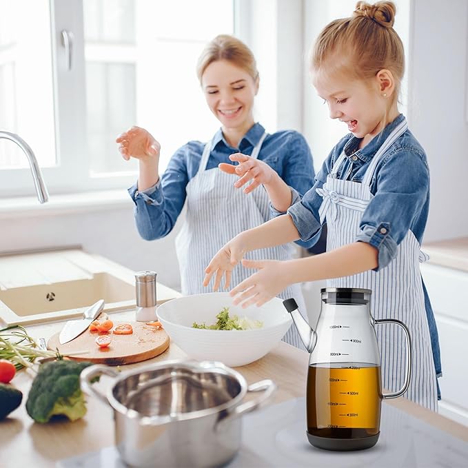 Large Glass Oil Dispenser Bottle for Kitchen Cooking Recipiente Para Aceite De Cocina Olive Oil Vinegar Dispenser Cruet Stainless Steel Lid No Drip Liquid Container (Grey, 34oz /1000ml)