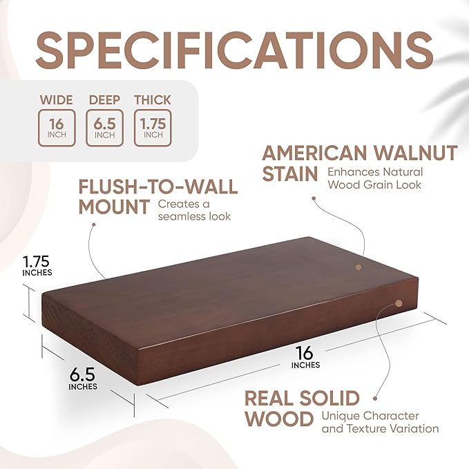 Homeforia Walnut Floating Bathroom Shelves, High End Solid Real Wood 16 inch Small Floating Shelf for Wall Mounted, Dark Brown 16inch Floating Shelves, Heavy Duty Bracket, 16 X 6.5 X 1.75 in, Set of 2