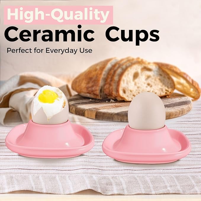 Flexzion Egg Cups for Soft Boiled Eggs - Set of 6 Ceramic Egg Holder - Stackable Egg Coddler Cups with Base for Serving, Breakfast, Brunch - Kitchen Table Decor, Pink