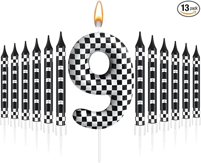 13 Pcs Racing Cars Themed Birthday Candles Black and White Race Number 9 Checkered Candle Cake Topper for Racing Car Party Decoration Supplies (Number 9)