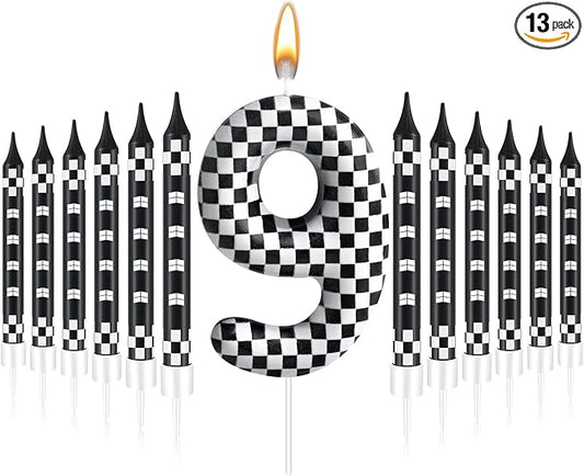13 Pcs Racing Cars Themed Birthday Candles Black and White Race Number 9 Checkered Candle Cake Topper for Racing Car Party Decoration Supplies (Number 9)