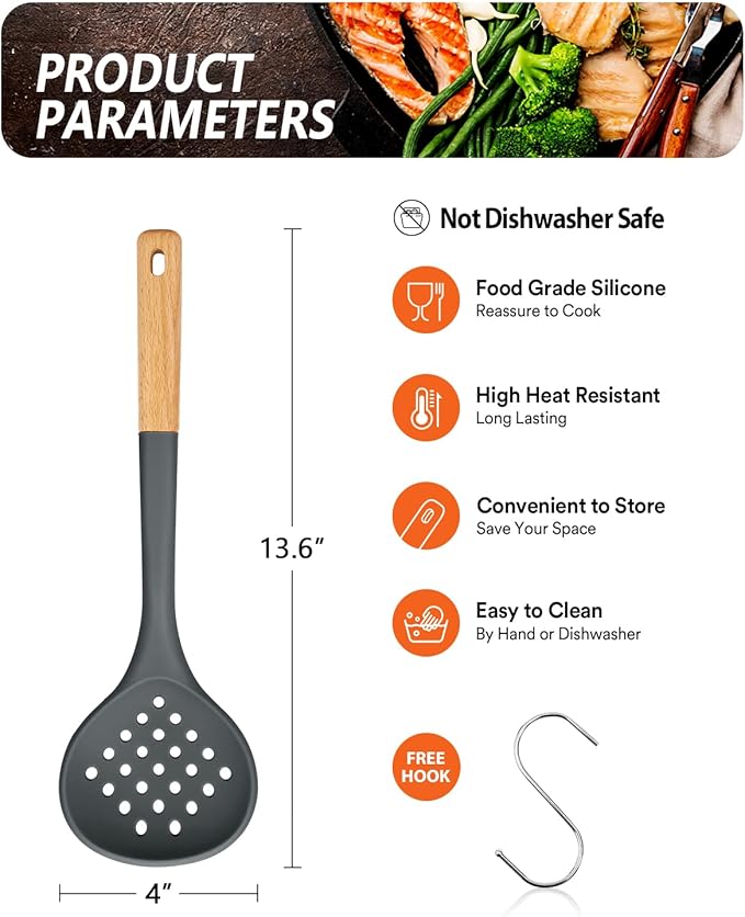 Kitchen Ladle Strainer, Large Slotted Spoon with High Heat Resistant BPA Free, Non Stick Cooking Skimmers For Draining & Frying, 13.2inch (Grey)