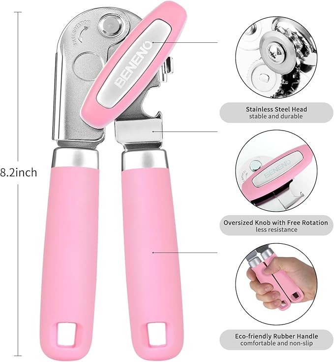 Beneno Can Opener Manual with Magnet, Hand Held Heavy Duty Can Opener with Durable Sharp Blade Smooth Edge, Big Effort-Saving Knob, Soft Grip Rubber Handle, Multifunctional Bottle Opener, Pink