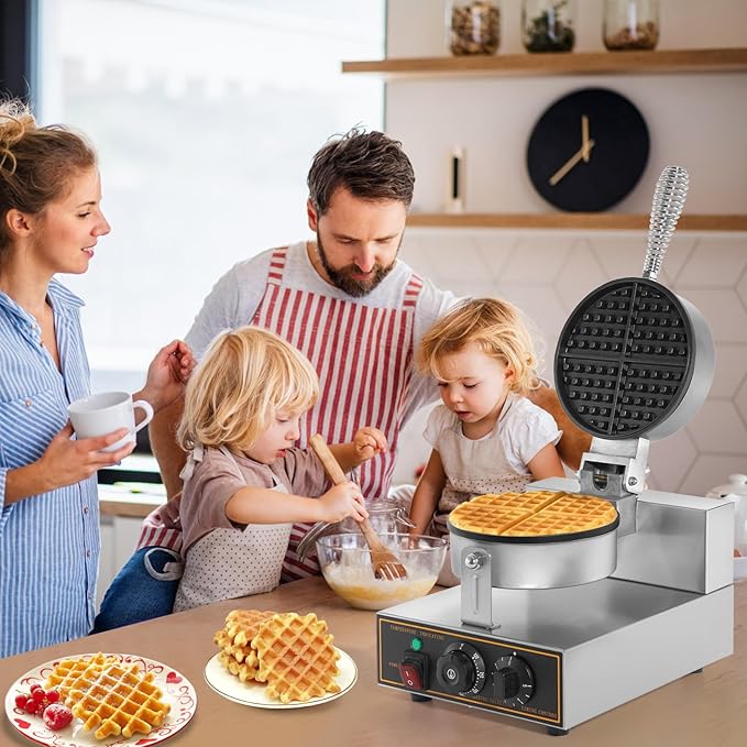 Dyna-Living Waffle Maker Commercial Waffle Iron Machine, 1200W Non-stick Round Commercial Waffle Maker for Restaurant, Food-grade Stainless Steel Large Commercial Waffle Iron