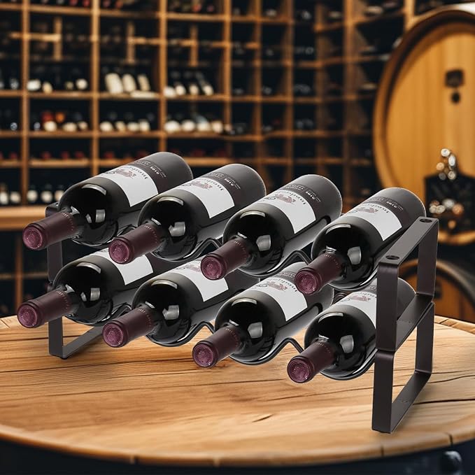 Stackable Wine Rack Countertop, 8 Bottles 2 Tier Wine Cabinet Counter, Wine Rack Holder and Storage, Metal Wine Bottle Holder Freestanding for Cabinet