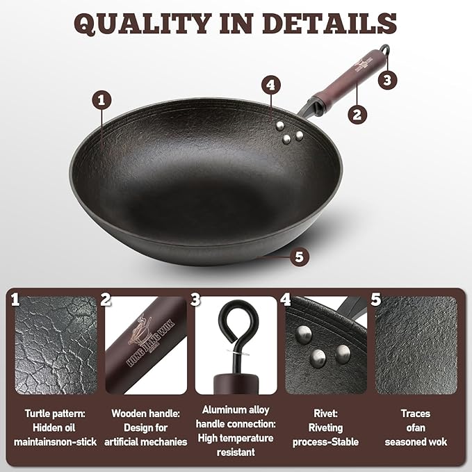 HONGJIANG Cast Iron Wok Pan, 11.8" Pre-Seasoned Flat Bottom Wok,Coating-Free Wok Stir Fry Pan With Glass Lid,Compatible Traditional Chinese Wok For Induction, Electric, Gas,Open Fire