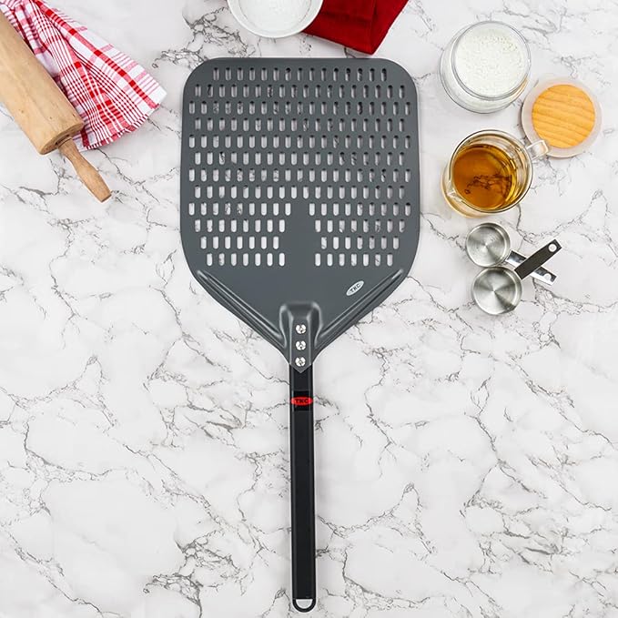 TKC Perforated Pizza Peel - 12" Metal Pizza Turner compatible with All Ovens, Indoor & Outdoor Use, Durable and Heat-Resistant Handle, Lightweight Pizza Spatula (Black)
