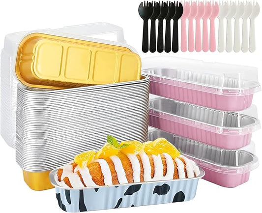 50 PCS Multiple colors Mini Loaf Pans with Lids and Spoons, 6.8oz Mini Cake Pans for Baking, Disposable Aluminum Foil Loaf Pans, Loaf Baking Pans for Party Individual Serving.