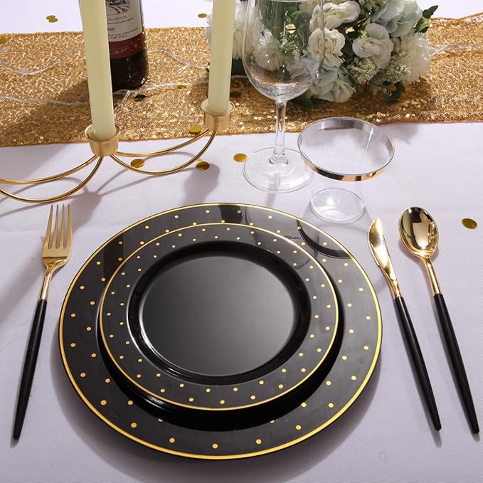 I00000 102Pcs Plastic Black Gold plates, New Year Black Plastic Plates Including 51 Dinner Plates 10.25" and 51 Salad Plates 7.5" with Gold Dots, Premium Gold Disposable Plates for Party & New Year