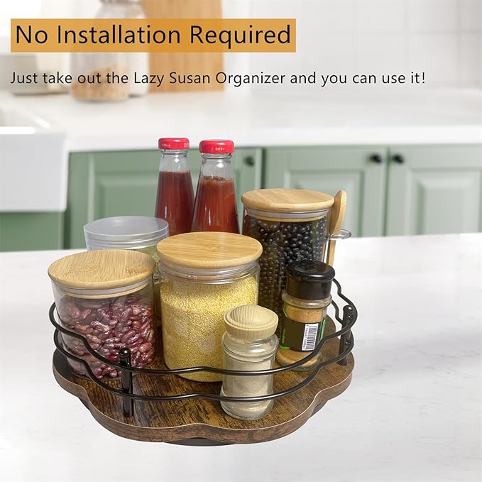 Lazy Susan Turntable Organizer with Higher Metal Sides, 11" Wooden Lazy Susan Spice Rack Organization and Storage for Cabinet,Kitchen,Countertop,Table Top,Dining Table,Coffee Bar Decor