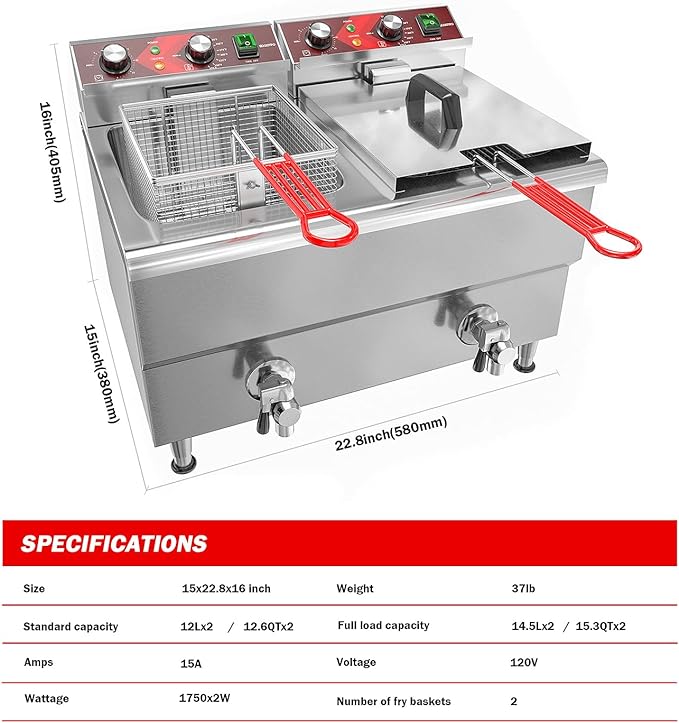 Commercial Fryer Stainless Steel Electric Deep Fryer with Oil Filtration and Timer 24L Large Capacity Dual Tank Fryer with Baskets and Lids Countertop Deep Fryer for Restaurant Use 120V 3500W