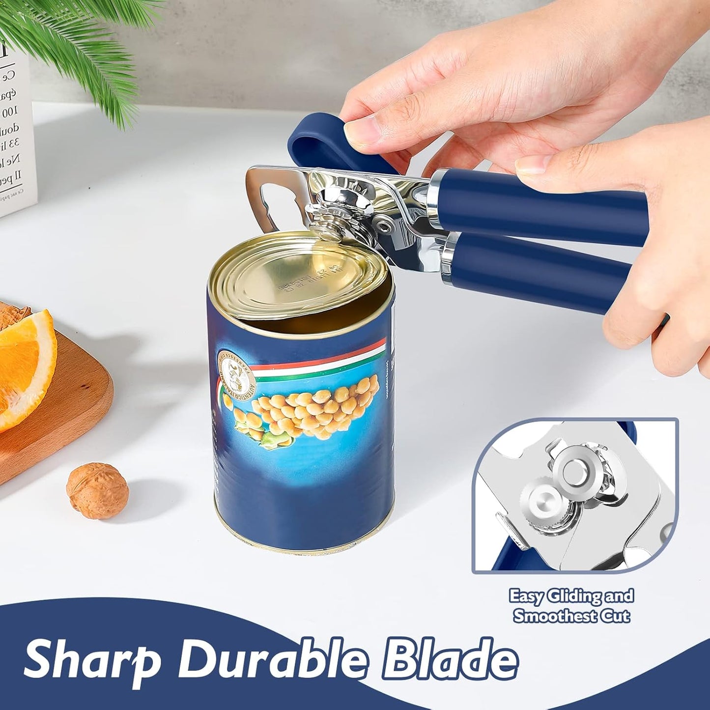 10 Colors Can Opener Manual Handheld Heavy Duty Hand Can Opener Smooth Edge Stainless Steel Can Openers Top Lid Kitchen Gadgets, Best Large Rated Easy Turn Knob, with Bottle Opener, Navy Blue