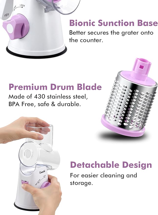 Geedel Rotary Cheese Grater, Kitchen Mandoline Vegetable Slicer with 3 Interchangeable Blades, Easy to Clean Rotary Grater Slicer for Fruit, Vegetables, Nuts