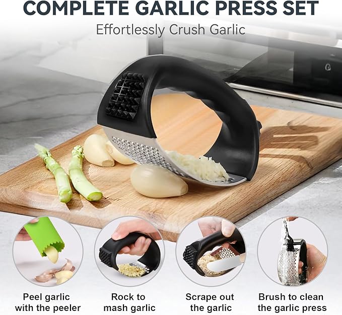 2 Pack Garlic Press Rocker Set – Innovative Stainless Steel Garlic Mincer & Crusher with 2 Peelers, 2 Scrapers, and 2 Brushes for Effortless Garlic Prep | Complete Garlic Tool Kit (GREEN)