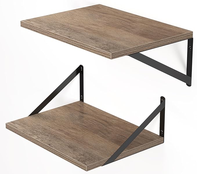 Heimlove Deep Floating Shelves for Wall, 16W x 12D Rustic Grey Wood Wall Shelves Set of 2, Large Floating Shelf for Living Room, Kitchen, Office, Bedroom and Decor Storage, with Metal Bracket - Grey