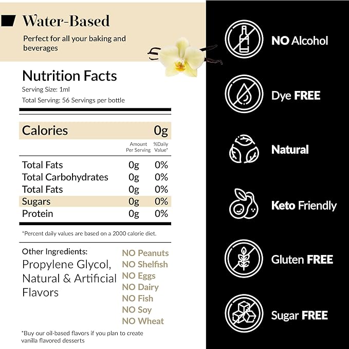 Dolce Flav Vanilla Extract – 2 Ounce Water-Soluble Kosher, Sugar-Free, Concentrated Vanilla Flavoring for Baking, Cookies & Desserts, Includes Measured Dropper