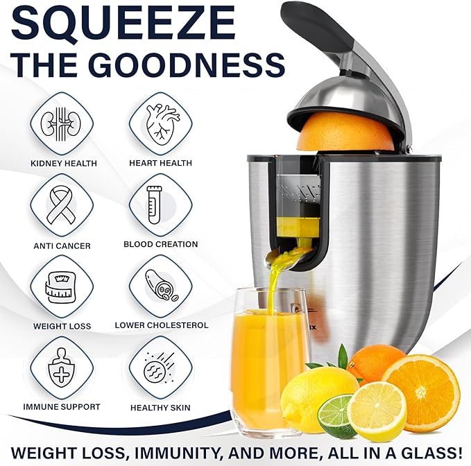 Eurolux Premium Electric Orange Juicer | Stainless Steel Citrus Squeezer With New Ultra-Powerful Motor and Soft Grip Handle for Effortless Juicing, Auto Shutoff, Dishwasher-safe Parts, Pulp Control