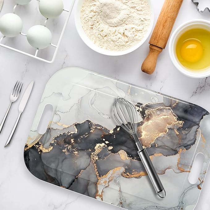 Serving Trays with Handles, 14.5 x 9.8 inch Rectangular Plastic Tray for Restaurant, Kitchen, Gray and Golden Marble