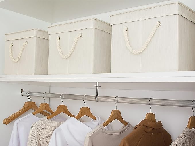 StorageWorks Storage Bins with Lids, Decorative Storage Boxes with Lid and Soft Rope Handles, Foldable Storage Baskets for Closet, Shelves, Stackable, Mixing of Beige, White & Ivory, Jumbo, 3-Pack