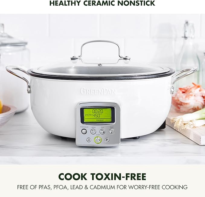 GreenPan Elite Essential Smart Electric 6QT Skillet Pot,Sear Saute Stir-Fry and Cook Rice, Healthy Ceramic Nonstick and Dishwasher Safe Parts, Easy-to-use LED Display, PFAS-Free, Cream White