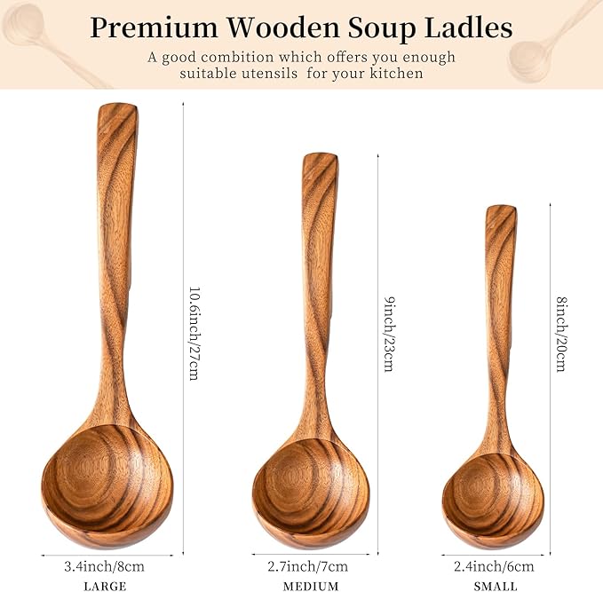 Gudamaye 3 Size Wooden Soup Ladles Set,3 Hooks for Bowl,Pot. Natural Teak Wooden Ladle,10.6 inch Big Soup Ladle, 9 inch Serving Spoon & 8 inch Wood Ladles for Cooking,Teak Deep Ladle Spoons