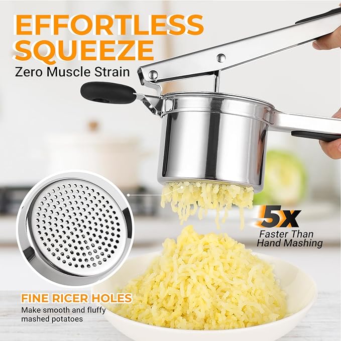 Potato Ricer Stainless Steel, Large Potato Masher 15oz, Heavy Duty Ricer Kitchen Tool for Perfect Mashed Potatoes, Potato Press and Mash Kitchen Gadget, Spaetzle Maker for Noodle