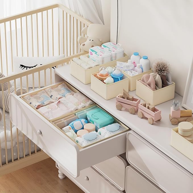 DIMJ Drawer Organizer Clothes, 18 Pack Dresser Organizer, Foldable Closet Organizers and Storage, Fabric Dresser Bins, Drawer Dividers for Nursery, Baby Clothes, Underwears, Sock (Beige)