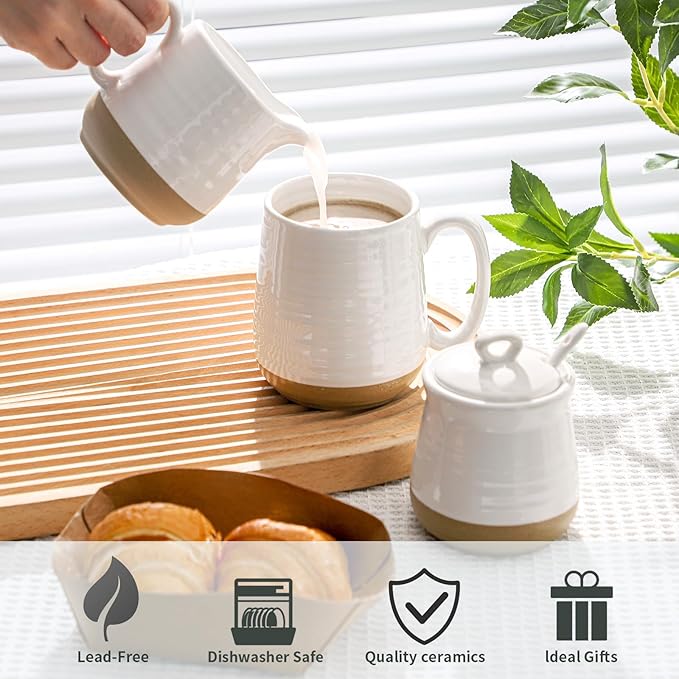 Hasense Ceramic Sugar and Creamer Set, 3 Piece Coffee Serving Set with Cream Pitcher, Sugar Bowl, Lid & Spoon, 10 Ounce Sugar and Creamer Set for Coffee Bar, Perfect for Wedding Gift (White)